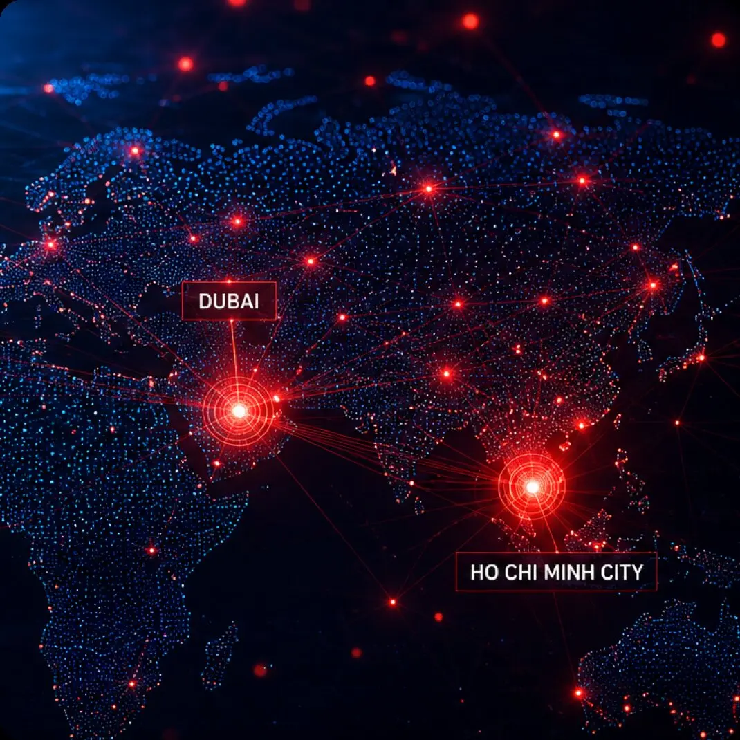 Analyst coverage from Ho Chi Minh City and Dubai plotted on a world map