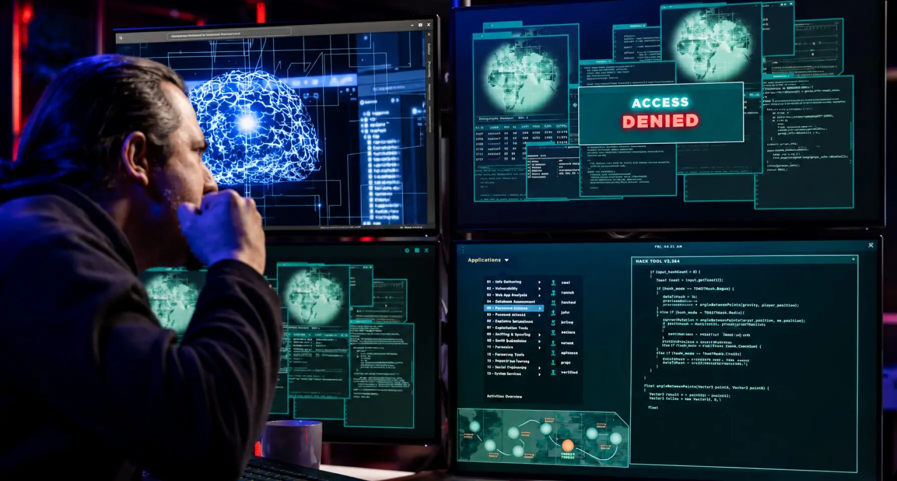 A security analyst reviewing network intrusion dashboards