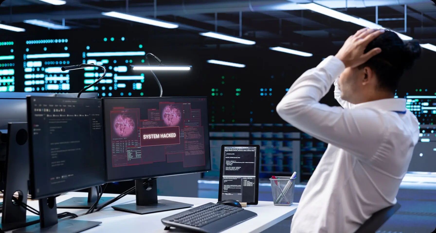 An operator monitoring an industrial control room