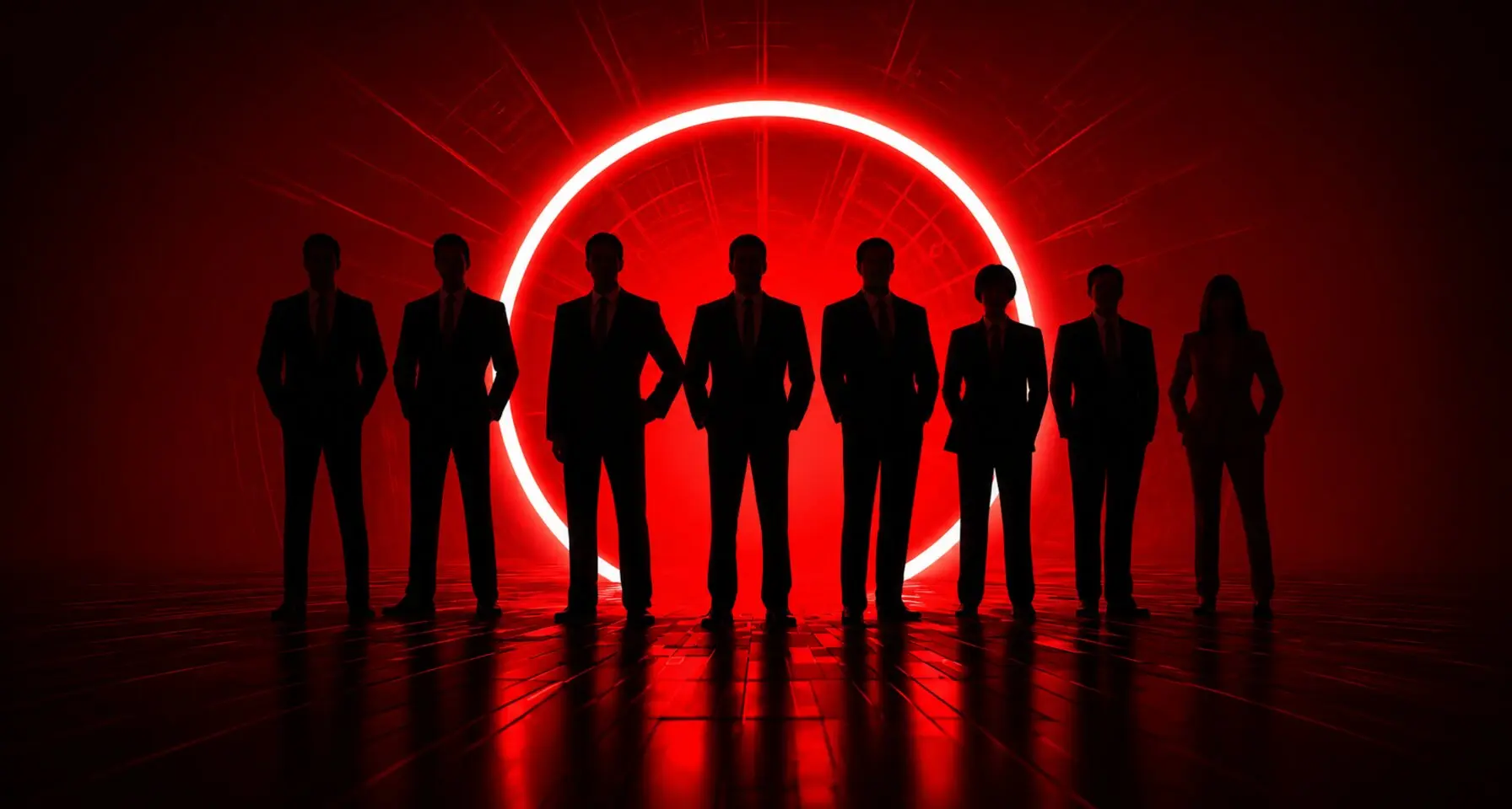 Red team operators silhouetted against a glowing red perimeter ring