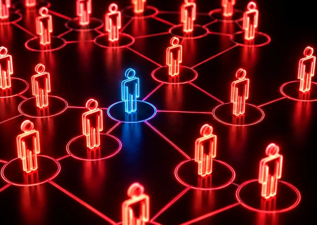 Networked figures grouped around a single highlighted member